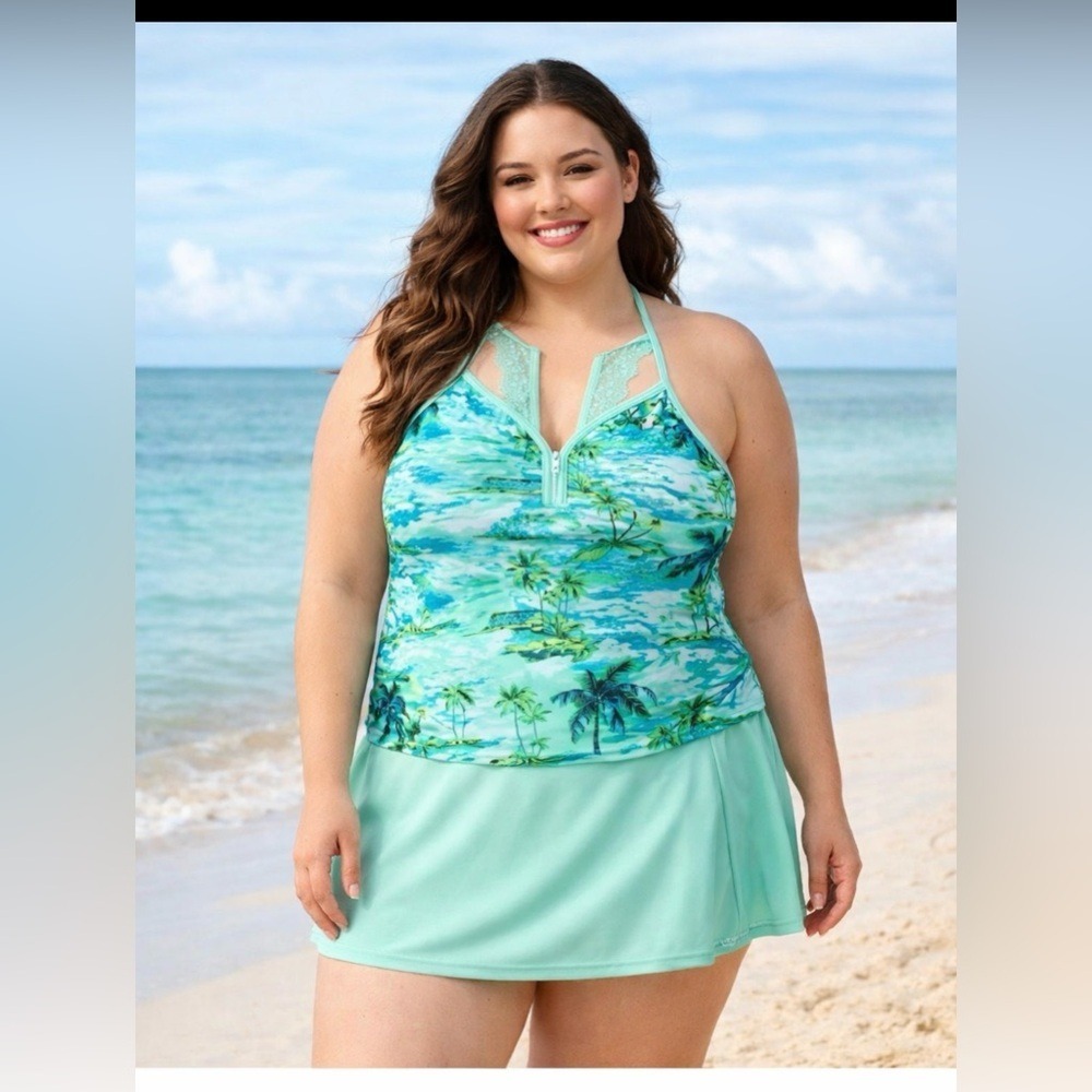 ZeroXposur 3 Piece Tankini Swimsuit Set Tropical Palm Print Teal XL 18.5 Plus - Picture 8 of 8